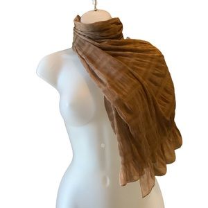 Scarf Golden Tan Colored Ruffle Ends Crinkled Lightweight Thin Knit Fabric